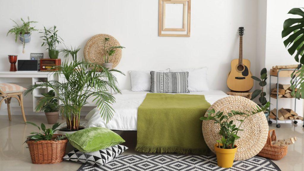 A bedroom with houseplants